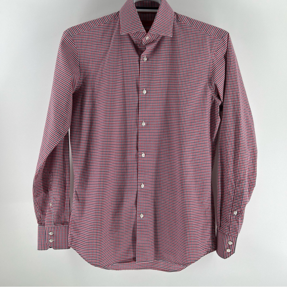 Hugo Boss Shirt Men’s Large 15.5 Red & Blue Plaid Check Long Sleeves 100% Cotton